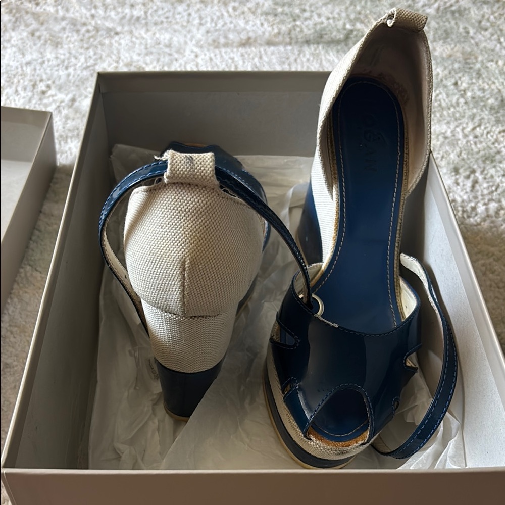 Hogan Blue and Cream Wedge Sandals with Peep-Toe
